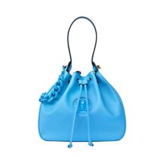 This Versace La Medusa Blue Bucket Bag is a must for those who love style and function. This beautiful bright blue leather bag comes with three strap/handel options, which allows you to carry it as a shoulder or crossbody bag while adding your own flare! The interior features a zipper pocket to help corral loose items. A tonal medusa icon complete the sleek look of this bag.     Model: 1003013  Blue Leather  Textured finish   Interior zipper pocket  Gold-tone hardware  Adjustable leather handle Luxury Blue Pouch Satchel, Luxury Light Blue Leather Shoulder Bag, Luxury Blue Bucket Bag With Double Handle, Luxury Blue Shoulder Bucket Bag, Light Blue Leather Bag With Detachable Strap, Luxury Blue Bucket Bag With Adjustable Strap, Blue Luxury Pouch Bucket Bag, Luxury Blue Pouch Bucket Bag, Luxury Blue Bucket Bag For Daily Use