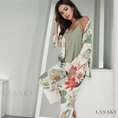 Lasaky - Satin Camisole Set with Floral Print, perfect for Loungewear and Sleepwear Stylish Loungewear, Belted Robe, Cotton Camisole, Satin Camisole, Camisole Set, Silk Sleepwear, Floral Print Design, Silk Camisole, Satin Pyjama Set