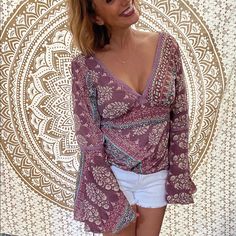 Karma Highway Open Back Blouse. B Neck And Side Zip. Unique Piece. Size Small Hippie Pink V-neck Tops, Fitted V-neck Bohemian Peasant Top, Purple Bohemian Peasant Top, Beach Purple Printed Blouse, Bohemian Printed Tops For Brunch, Fitted Bohemian Peasant Top For Beach, Chic Bell Sleeve Beach Top, Chic Bell Sleeve Tops For Beach, Bell Sleeve Beach Blouse