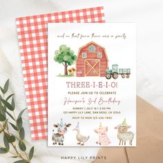 a birthday card with farm animals on it and a red gingham tablecloth