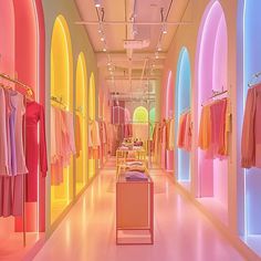 the inside of a clothing store with neon colored walls