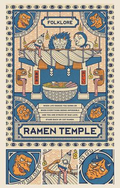 an advertisement for ramen temple with cartoon characters on the front and back cover, in blue