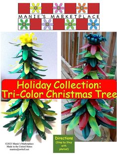 a christmas tree made out of paper with flowers on it and the words holiday collection tri - color christmas tree