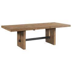 a wooden table with black metal legs and a rectangular shaped dining table in the middle