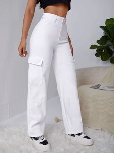 Add a contemporary edge to your wardrobe with these Pocket Side Cargo Jeans. Made from durable denim material, these white jeans feature a regular fit and a flattering high waistline. The straight-leg silhouette offers a classic look, while the cargo pants style adds an urban touch. Features: Color: White Pattern Type: Plain Type: Straight Leg Jeans Style: Cargo Pants Closure Type: Zipper Fly Details: Button, Pocket, Zipper Length: Long Fit Type: Regular Fit Fabric: Non-Stretch Material: Denim C White High Rise Utility Jeans, White High Rise Casual Cargo Pants, White Denim Cargo Pants, Casual White Jeans With Cargo Pockets, Trendy White Pants With Side Pockets, White Straight Leg Utility Bottoms, White Denim Utility Cargo Pants, White Wide Leg Cargo Pants With Pockets, White Cargo Pants With Side Pockets For Spring