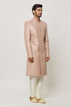 Onion pink full sleeves sherwani with all over acanthus art embroidery using tonal thread work on art silk and sequins highlights. Paired with a cream churidar. - Aza Fashions Onion Pink, Art Embroidery, Dupion Silk, Satin Color, Self Design, Silk Embroidery, Thread Work, Churidar, Full Sleeves