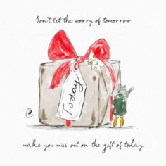 a drawing of a gift box with a red bow and the words don't tell the story of tomorrow