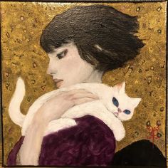 a painting of a woman holding a white cat