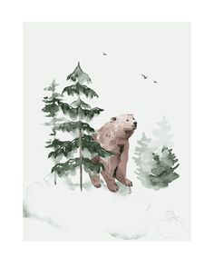 a bear is standing in the snow next to some trees and two birds flying overhead