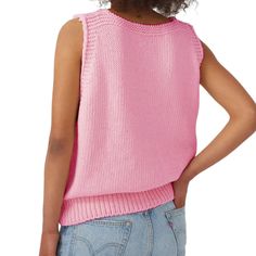 Pink V Neck Knit Sleeveless Sweater Pink Crew Neck Vest For Spring, Sleeveless Cotton Sweater For Summer, Spring Knit Sweater Vest, Spring Crew Neck Knit Sweater Vest, Spring Sweater Vest With Knit Fabrication Crew Neck, Spring Cotton Sleeveless Sweater, Cotton Sleeveless Tank Top, Sleeveless Knitted Sweater For Spring, Spring Knit Tank Vest