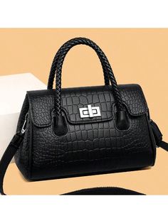 Black Casual,Elegant,Fashionable Collar  Pu Plain,Textured Pattern Square Bag Embellished   Women Bags Designer Handbag Brands, Famous Designer, Handbag Leather, Branded Handbags, Everyday Bag, Branded Bags, Black Cross Body Bag, Square Bag, Black Casual