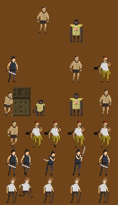 an old pixel style video game with several people in different outfits, and one is holding a