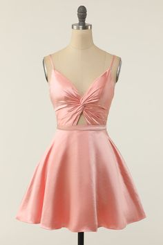 Zapaka Women Short Homecoming Party Dress Blush A Line Spaghetti Straps Cockatil Dress – ZAPAKA Mini Homecoming Dress, Sweep Train Prom Dress, Front Knot Dress, Mini Homecoming Dresses, Homecoming Party, Prom Dresses With Pockets, Short Party Dress, Light Blue Shorts, Lace Prom Dress