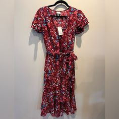 A New Day Size Small “Fake” Sewn Wrap Dress Tied Belt Around Waist Gorgeous Floral Pattern New With Tags!! 98% Polyester 2% Spandex Red Summer Midi Dress With Tie Waist, Red Tie Waist Midi Dress For Summer, Red Midi Dress With Tie Waist For Summer, Red Short Sleeve Dress With Tie Waist, Red Belted Midi Dress For Summer, Red V-neck Midi Dress With Tie Waist, Red Midi Dress With Tie Waist, Red Tie Waist Dress For Brunch, Red Fitted Dress With Tie Waist