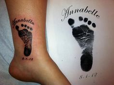 two people with matching tattoos on their feet, one has a baby's foot and the other has an infant's footprints