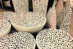 polka dot bowls and cups are on display