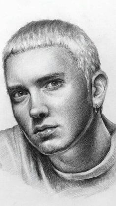 a pencil drawing of a man with blonde hair and piercings on his ears, looking at the camera