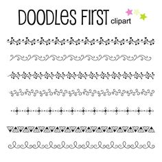 the doodles first clipart set is shown in black and white, with different designs