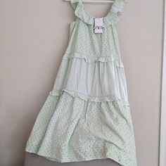 Eyelet Midi Dress, Dress Mint Green, Soft Mint Green, Soft Mint, Dress Mint, Mint Green Color, Tiered Dress, Wide Straps, Zara Dresses