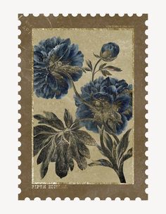 a stamp with blue flowers and leaves on it's front side, as well as a brown border