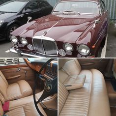 the interior of an old car is shown in three different pictures, including one with leather seats