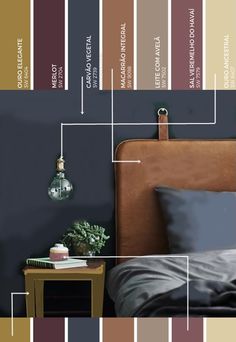 a bedroom with different shades of brown and blue