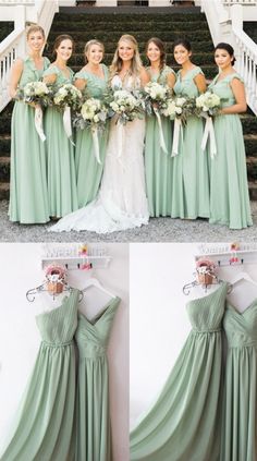 the bridesmaids are wearing mint green dresses and holding bouquets in their hands