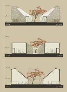 three diagrams showing the different sections of a building with trees in it and on each side