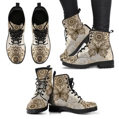 Butterfly Mandala Womens Boots Vegan Leather Boots for Women Combat Style Gift For Women Golden Boots. If you want to receive it faster choose EXPRESS Shipping at checkout : only 2 -4 working days shipping time Premium custom printed boots made from comfortable PU leather. 100% VEGAN 100% UNIQUE DESIGNS 100% PREMIUM MATERIALS DETAILS: - Custom printed boots - Amazing colors and print quality - Premium faux leather - 100% vegan - Flexible rubber outsole - Real stitching on the outsole for excepti Shoe Reference, Boho Chic Boots, Bohemian Boots, Floral Combat Boots, Women's Leather Boots, Festival Boots, Combat Boots Style, Beige Boots, Vegan Leather Boots