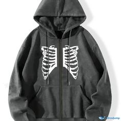 Orcajump - Fashion Skeleton Halloween  Print Long Sleeve Fleece Hooded Sweatshirts, Zip Up Drawstring Sports Hoodie Jacket With Front Pocket, Women's Sporty Sweatshirts Skeleton Halloween, Sports Hoodies, Halloween Skeletons, Halloween Prints, Hoodie Jacket, Front Pocket, Skeleton, Hooded Sweatshirts, Zip Ups