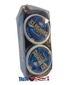 two white and blue ice breakers hockey pucks in a package on a white background