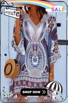 Print V-neck Loose-fit Mini Dress P14188 Multicolor Split Neck Mini Dress For Summer, Bohemian Shift V-neck Dress, Bohemian Shift Mini Dress With V-neck, Bohemian V-neck Shift Dress, Fitted Mini Dress, Loose Fitting, Mini Dress, V Neck