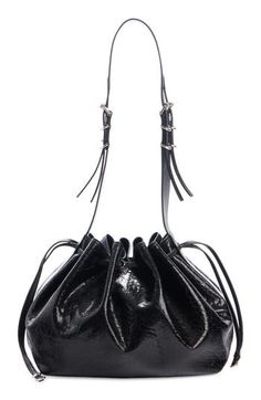 Crafted from heavily creased lambskin, this plump bucket bag boasts a drawstring-cinched silhouette that takes inspiration from the shape of a pumpkin. Drawstring closure Adjustable shoulder strap Lined Leather Made in Italy Designer Handbags Luxury Bucket Bag With Zipper Closure, Black Bucket Bag With Zipper Closure, High-end Bucket Bag With Removable Pouch, Everyday Leather Bucket Drawstring Bag, Luxury Pouch-shaped Bucket Bag With Adjustable Strap, Drawstring Bucket Bag, Woman Bags Handbags, Leather Bucket, Leather Bucket Bag