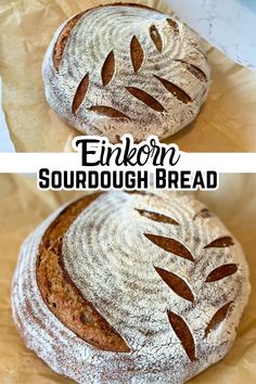 two pictures of bread on top of each other with the words, enkrn sourdough bread