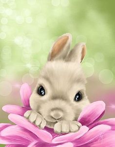 a painting of a little bunny peeking out from behind a pink flower