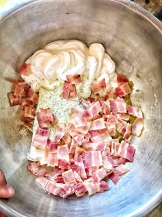 bacon and other ingredients in a metal bowl