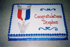 a sheet cake with the words congratulations stephen and an eagle on it's side