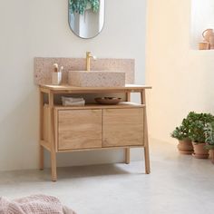 a bathroom with a sink, mirror and potted plants