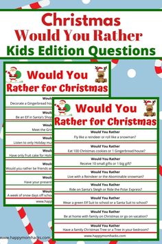 two christmas riddles for kids to read and practice their reading skills with the text,'would you rather be santa claus? '