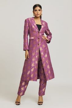 Lilac brocade long blazer jacket embellished with antique buttons. Paired with a straight silk brocade pant.
Components: 2
Neckline: Lapel collar
Sleeve Type: Long
Fabric: Woven Silk Brocade
Color: Purple
Other Details: 
Note: Inner worn by the model is not for sale.
Occasion: Mehendi and Haldi - Aza Fashions Blazer Collar Kurti, Coat Model Kurtis, Purple Jacket Outfit, Long Coat For Women, Long Blazer Coat, Brocade Suits, Long Gown Design, Velvet Dress Designs, Bridal Dress Fashion