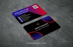 two business cards designed to look like they are made out of dark colored paper with red and blue accents