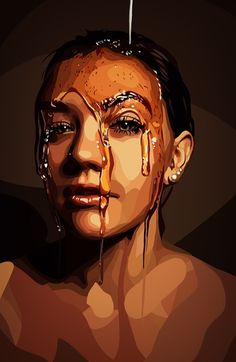 an artistic painting of a woman's face with dripping syrup on it and her eyes closed