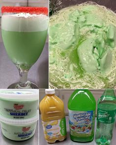 there are four different types of ice creams and drinks in the same photo, one is green