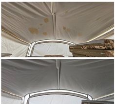 the inside and outside of a tent with white tarp covering it's walls