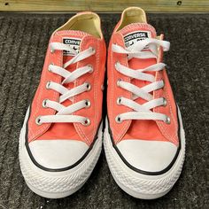 Never Worn Coral Pink Converse, Size 6 Pink Lace-up Sneakers For Summer, Casual Peach Round Toe Sneakers, Pink Lace-up Sneakers For Spring, Pink Converse Sneakers With Laces, Pink Converse Lace-up Sneakers, Pink Sneakers With Laces For Spring, Pink Casual Slip-on Sneakers, Orange Converse Sneakers For Spring, Spring Orange Converse Sneakers