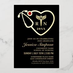 a black and gold nurse graduation party card with a heart shaped stethoscope