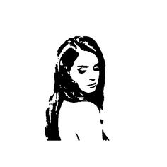 a black and white drawing of a woman's head with her hair pulled back