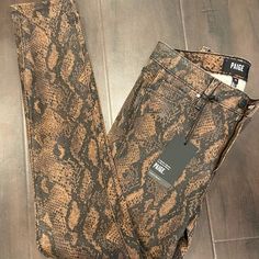 Size 26, Snake Printed Brown Jeans From Paige Denim New With Tag Trendy Stretch Brown Jeans, Trendy Brown Stretch Jeans, Brown Stretch Jeans For Spring, Spring Stretch Brown Jeans, Spring Brown Stretch Jeans, Paige Denim Jeans, Brown Jeans, Raw Hem Jeans, Paige Jeans