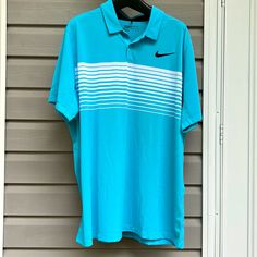 New Without Tags. Nice Baby Blue Bold Color. Dri-Fit Standard Fit. Blue Short Sleeve Golf T-shirt, Blue Polo Shirt For Golf, Blue Polo Collar Top For Golf, Blue Collared Polo Shirt For Golf, Sporty Blue Golf Shirt, Blue Collared Golf Shirt, Blue Polo Collar Shirt For Sports, Blue Cotton Golf Shirt, Sporty Blue Golf Top