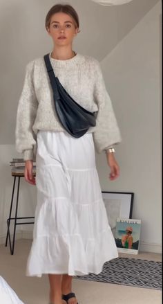 White Skirt Easter Outfit, Cropped Cardigan And Skirt Outfit, Midi White Skirt Outfit Summer, Trendy Long Skirt Outfits, White Skirt Sneakers Outfit, Tiered Skirt Outfit Fall, Long White Linen Skirt, Long Skirt For Fall, Fall Outfit White Skirt